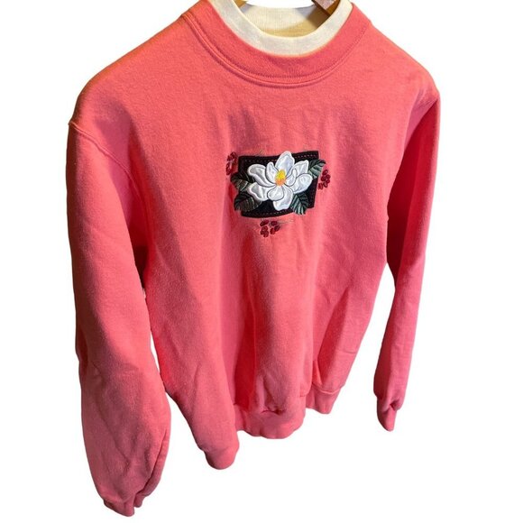 Vintage 90s Flower Embroidered Top Stitch Pink Pullover Sweatshirt Top - Picture 3 of 9